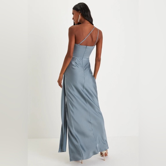New Lulus Signature Elegance Slate Blue Satin One-Shoulder Maxi Dress Medium - Picture 2 of 5
